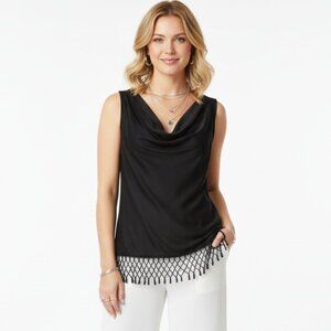 Boston Proper Black Marilyn Drape Crochet Fringe Hem Sleeveless Top 10